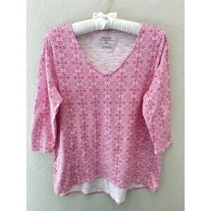 CHICO’S Pink White Print Ultimate Tee 3/4 Sleeve Cotton Modal Top | Size 0 Small